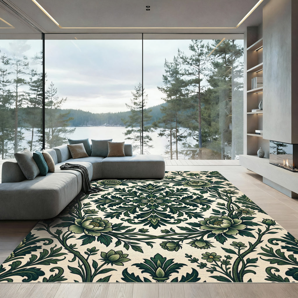 Dark Green Floral Damask Medallion Rug