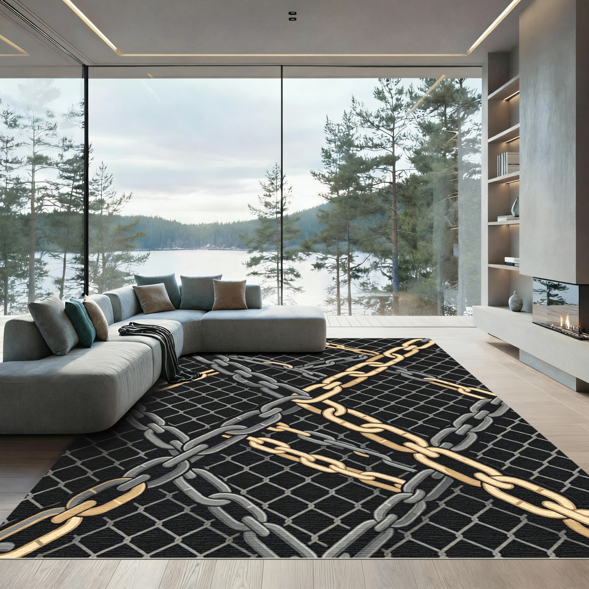 Gold and Silver Interlocking Industrial Chains Rug
