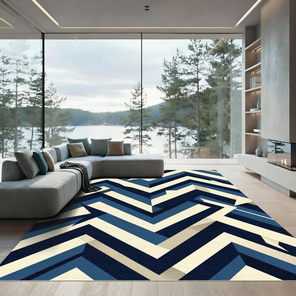 Geometric Navy and Ivory Chevron Rug