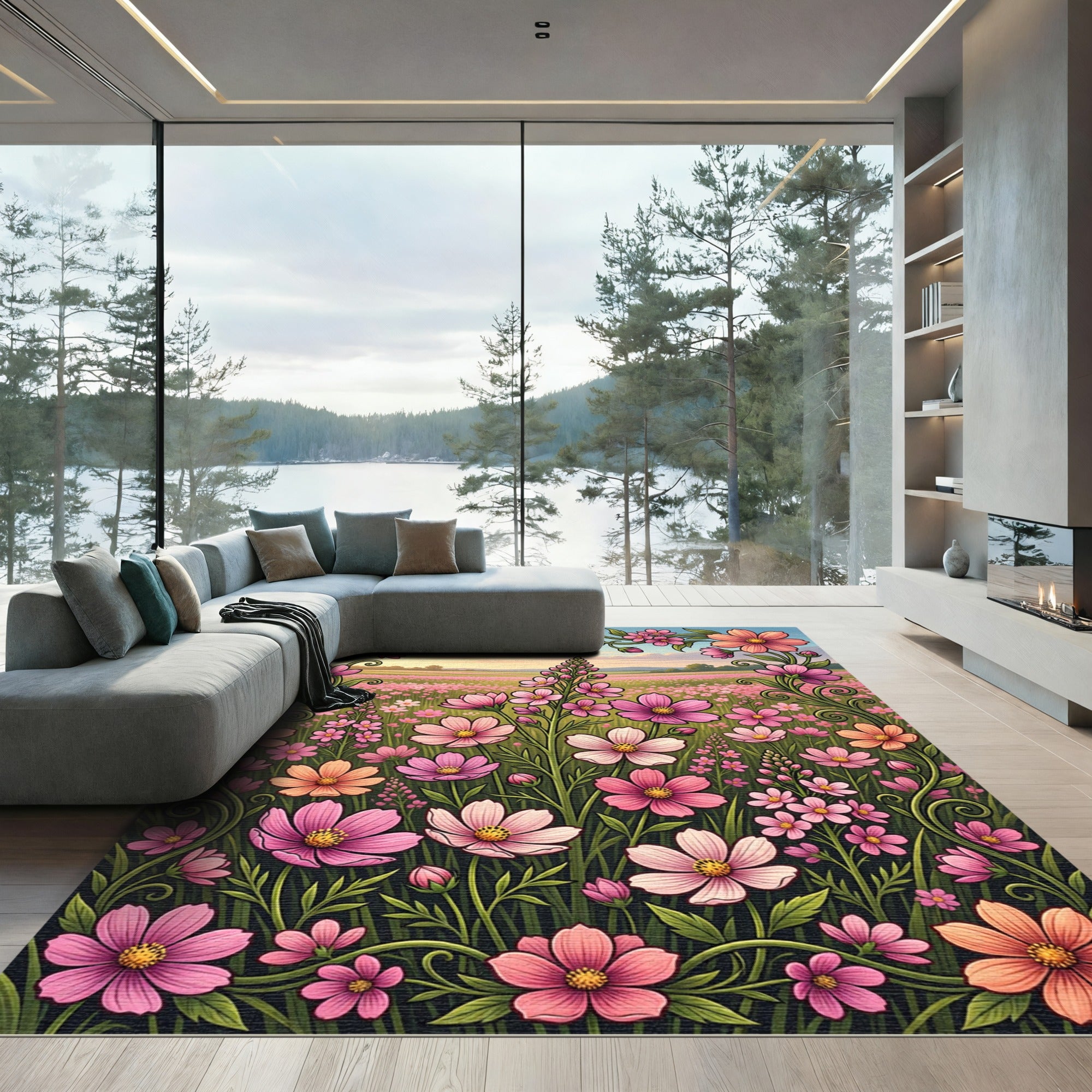 Pink Floral Meadow Art Rug