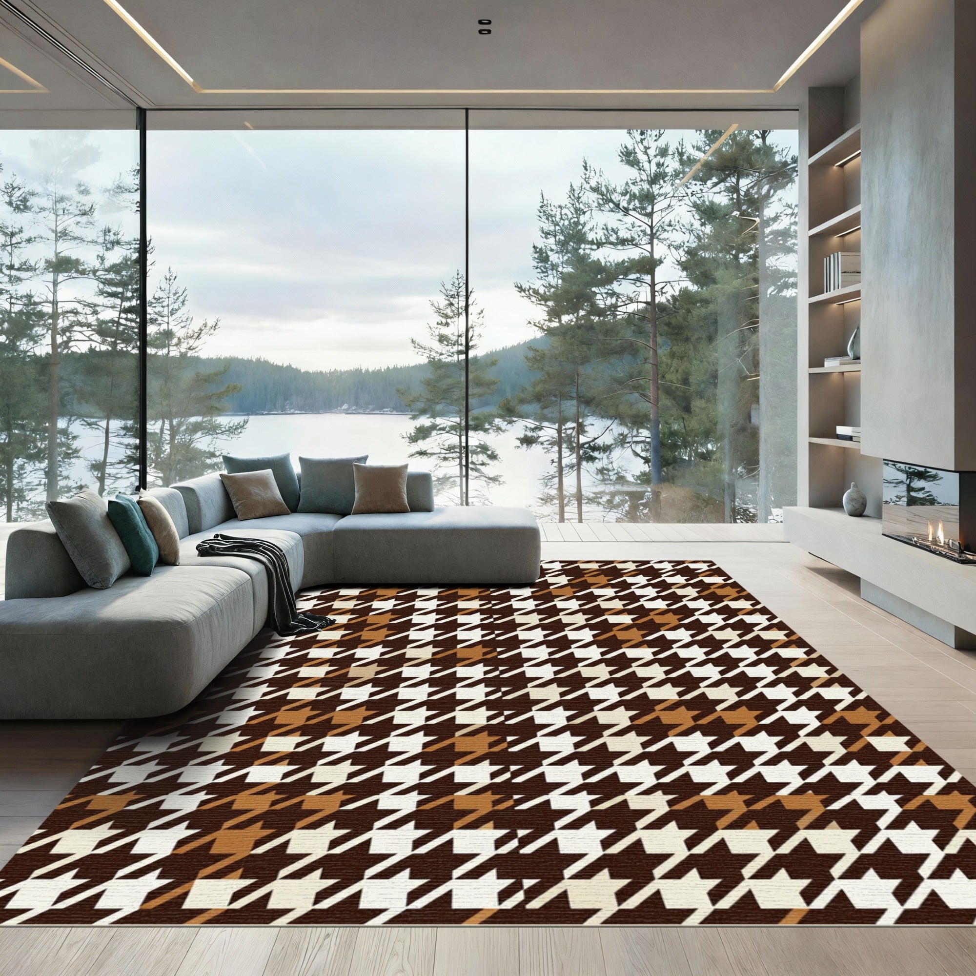 Brown White Classic Houndstooth Check Rug