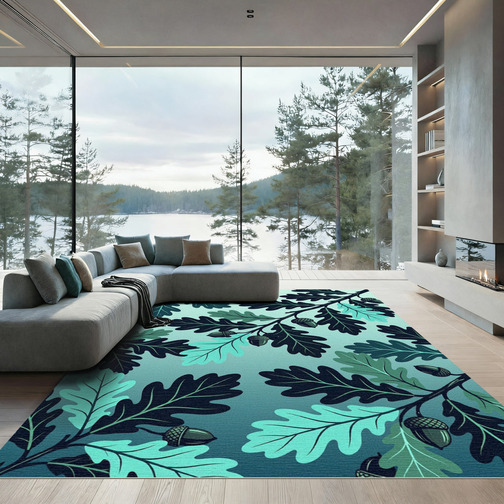 Teal Oak Leaf Acorn Botanical Arrangement Rug