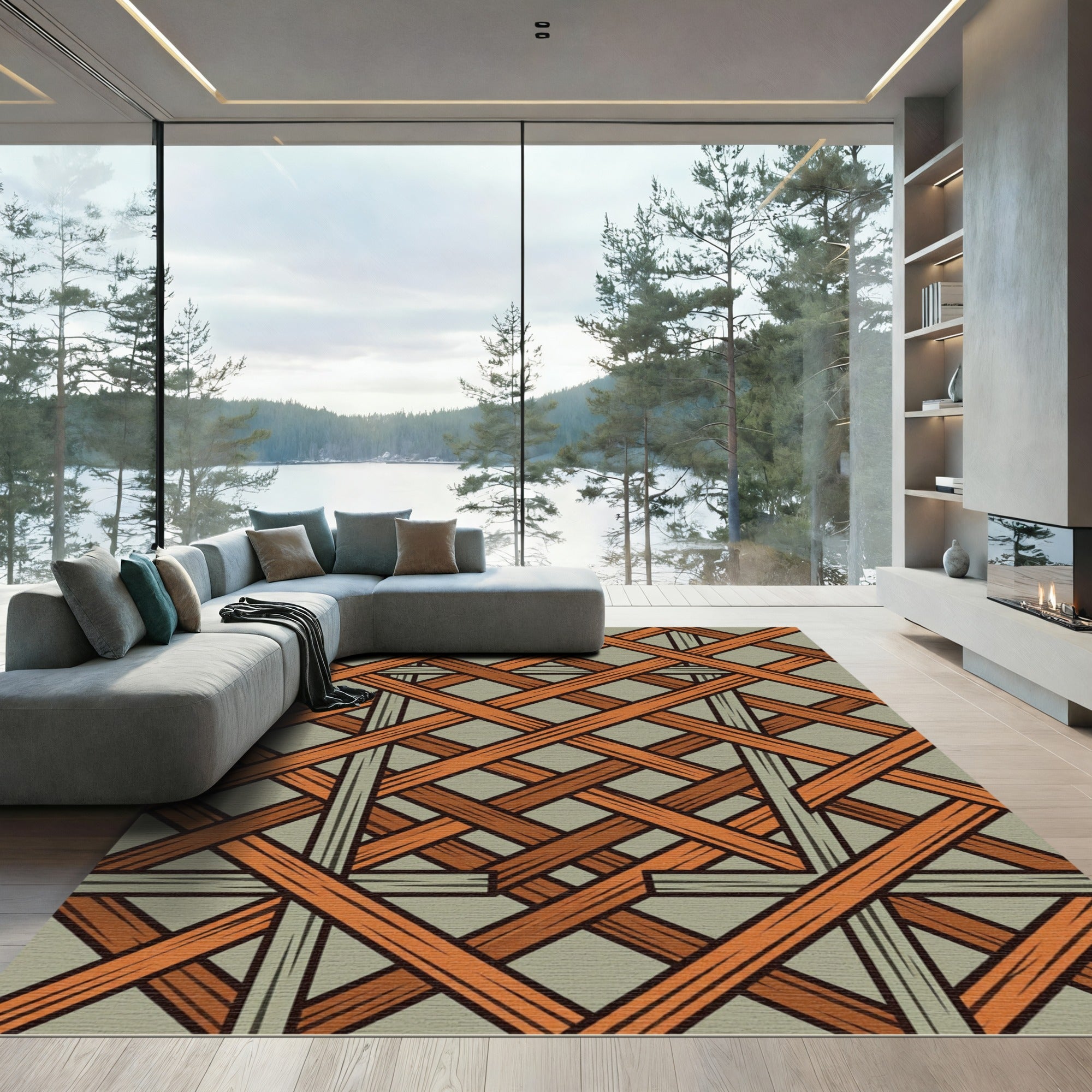 Rustic Terracotta Intersecting Wood Lattice Rug