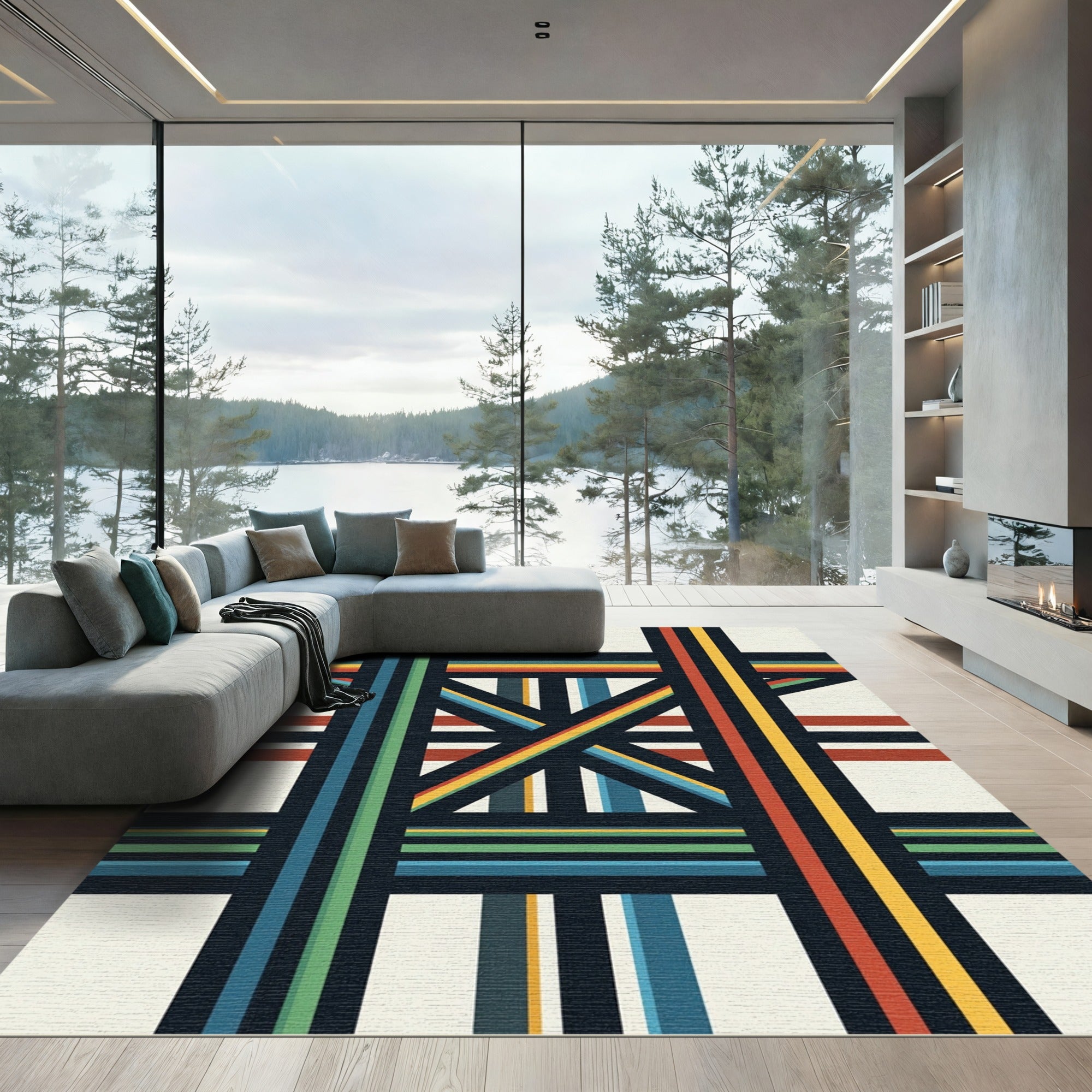 Modern Colorful Geometric Crossing Lines Rug