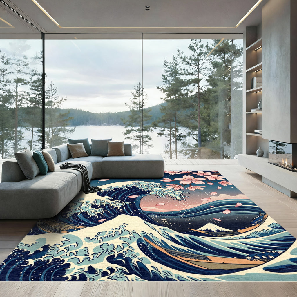 Japanese Great Wave and Cherry Blossom Rug