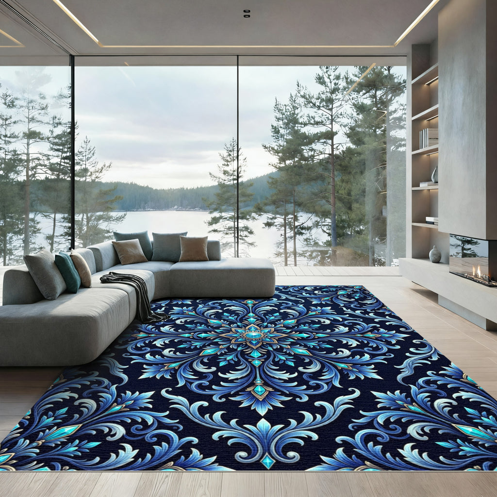 Deep Blue Jewel Accented Floral Rug