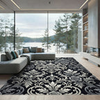Black Silver Damask Rose Foliage Scrolls Rug