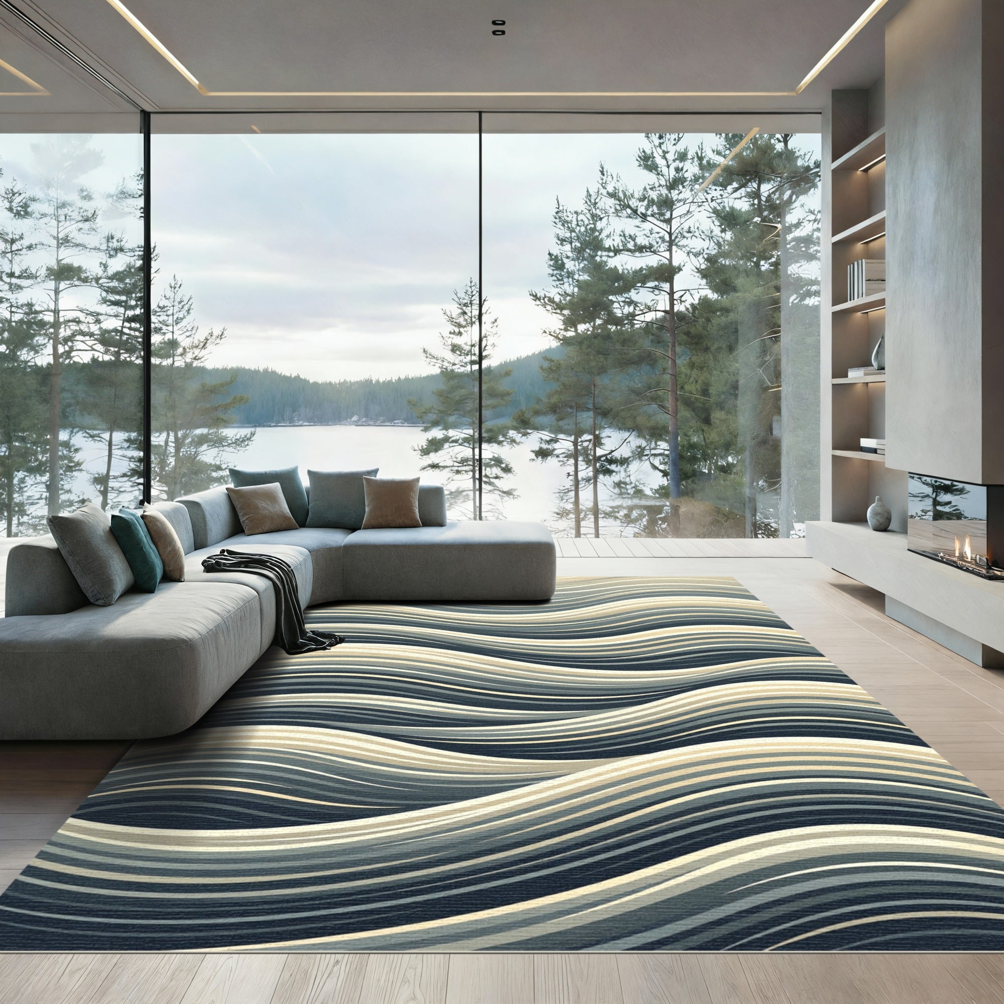 Modern Neutral Blue Swelling Wave Rug