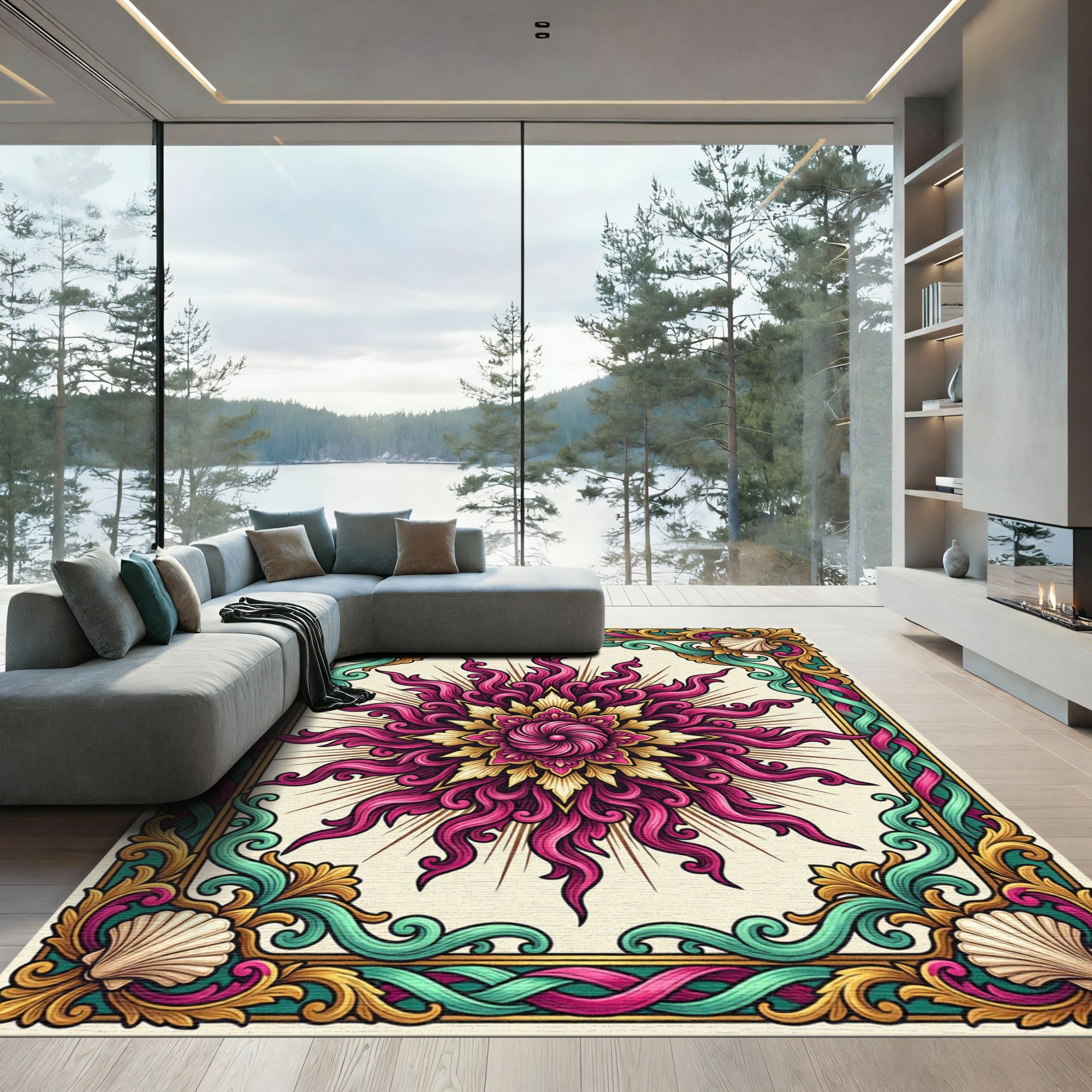 Ornate Pink Golden Sunburst Frame Rug