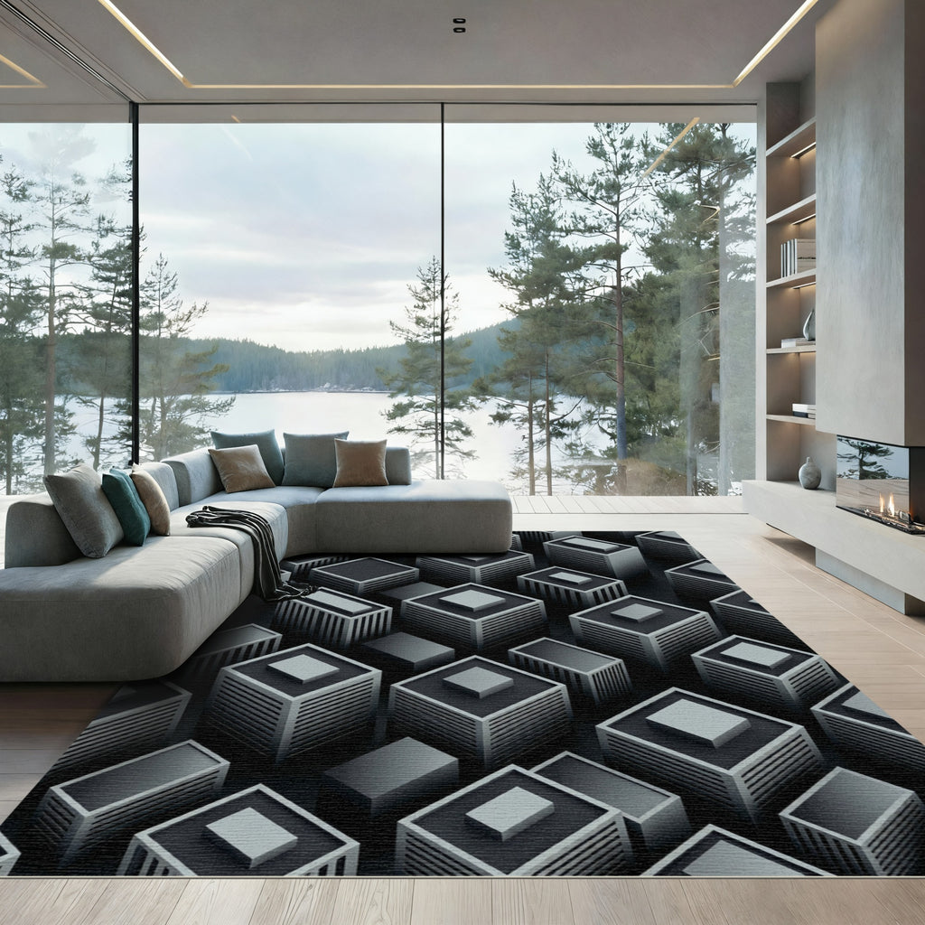Monochromatic Geometric Skyscraper Cityscape Rug