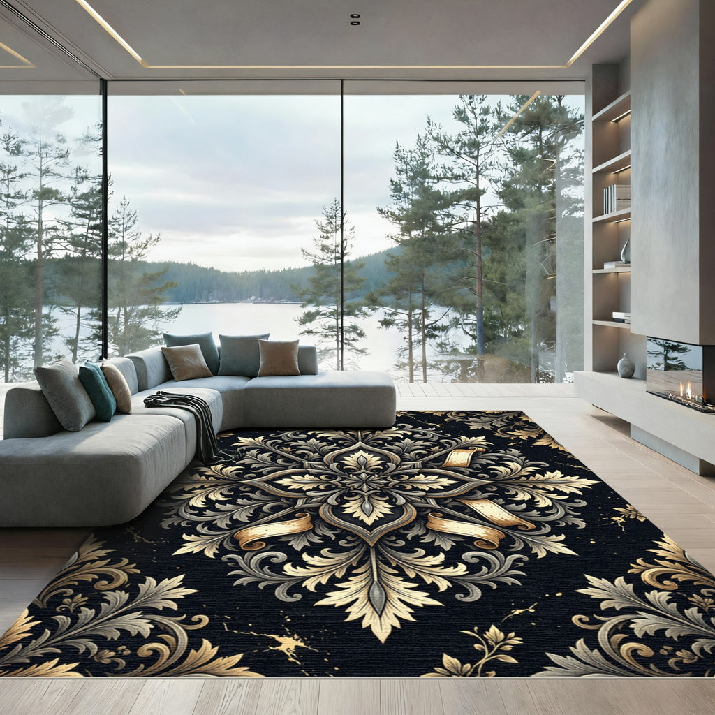 Ornate Gold and Silver Damask Medallion Rug