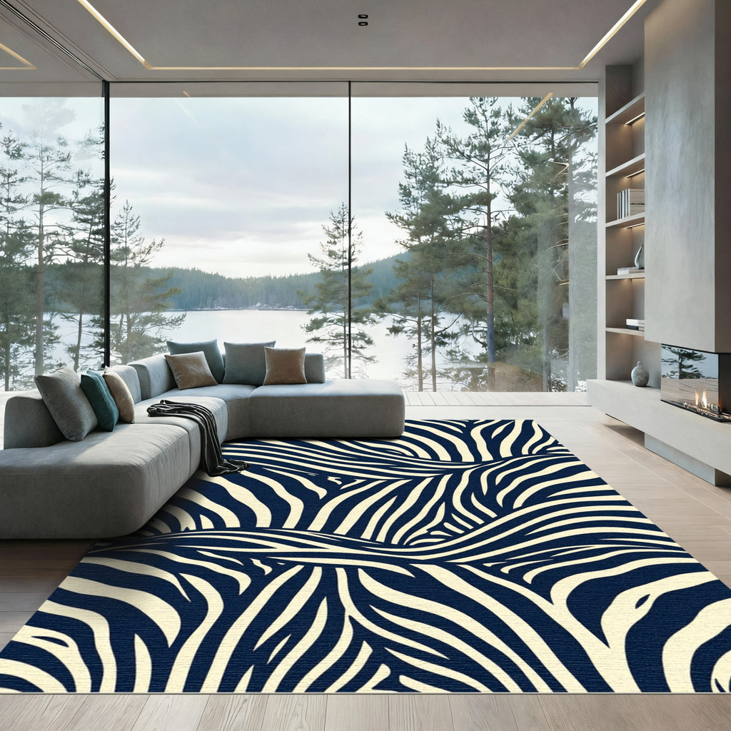 Bold Cream And Navy Zebra Swirl Rug
