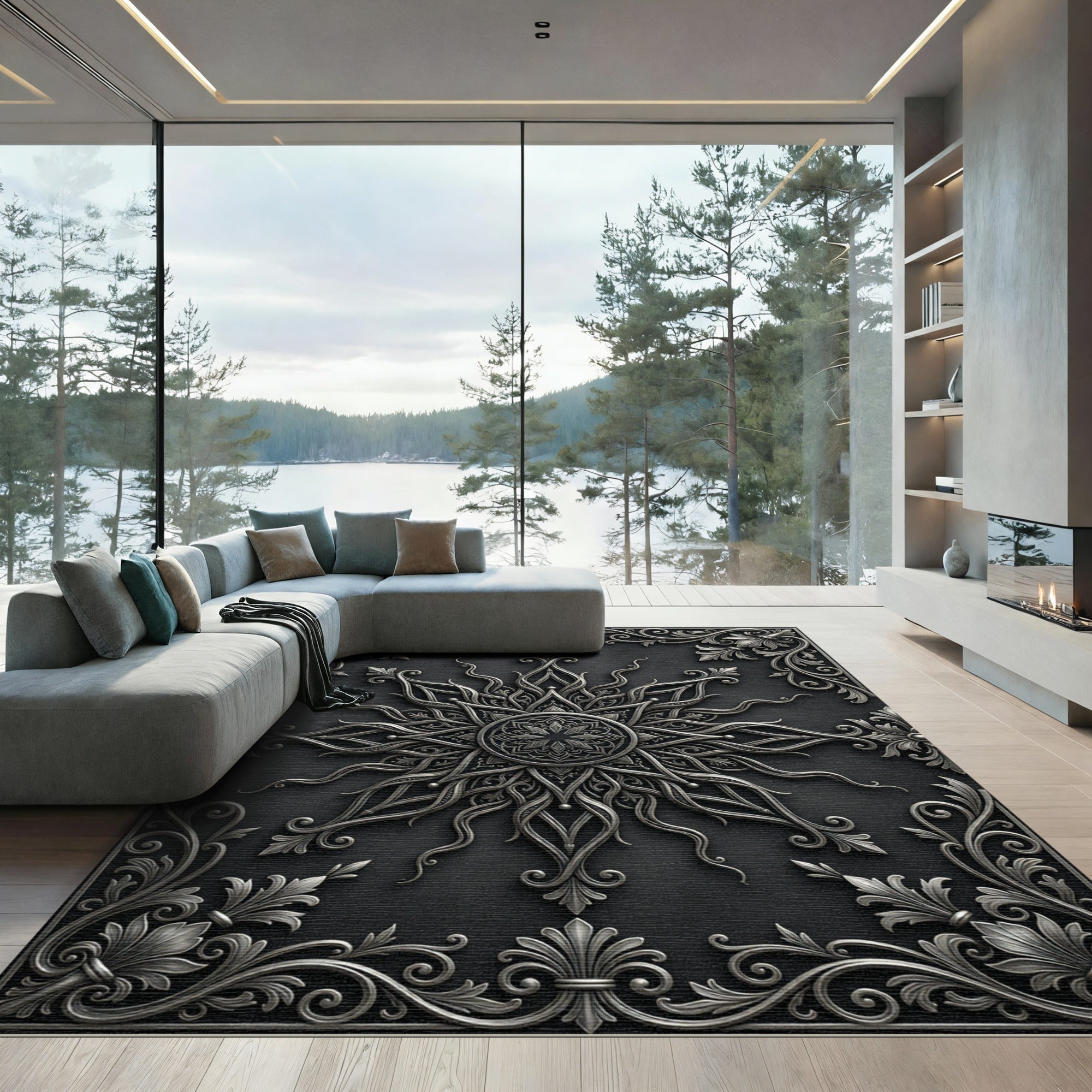 Luxurious Silver Ornate Filigree Medallion Rug