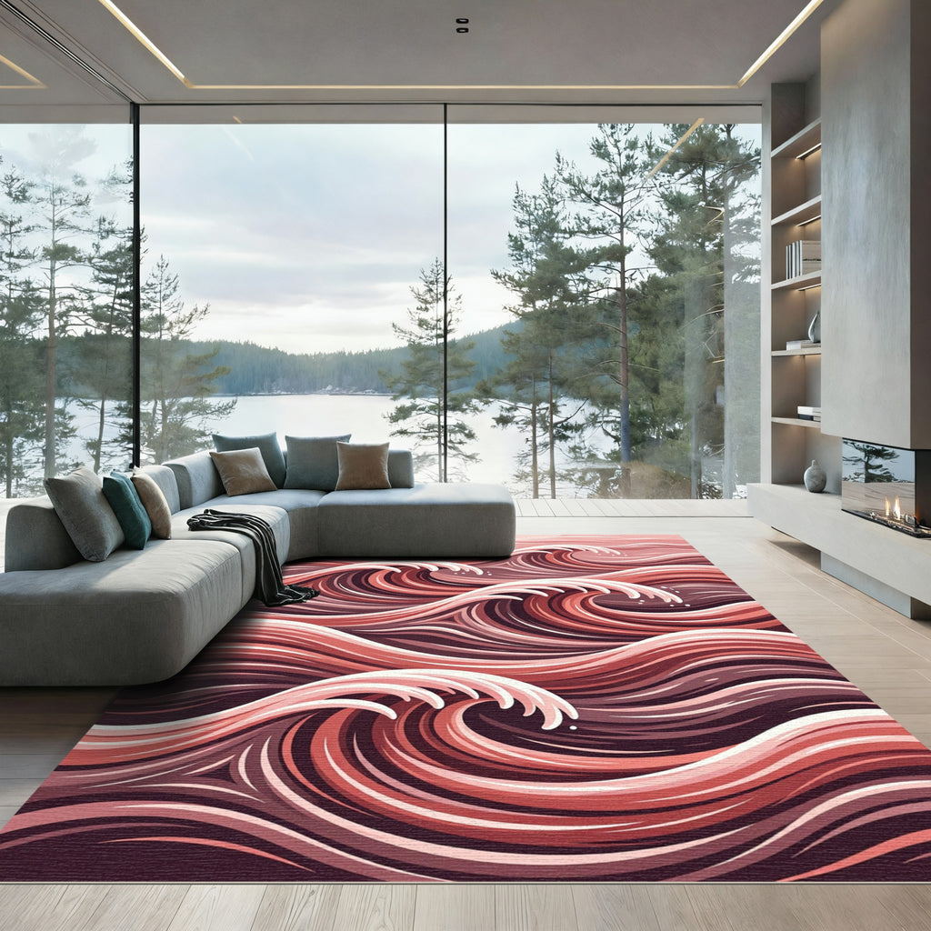 Crimson Abstract Flowing Wave Rug