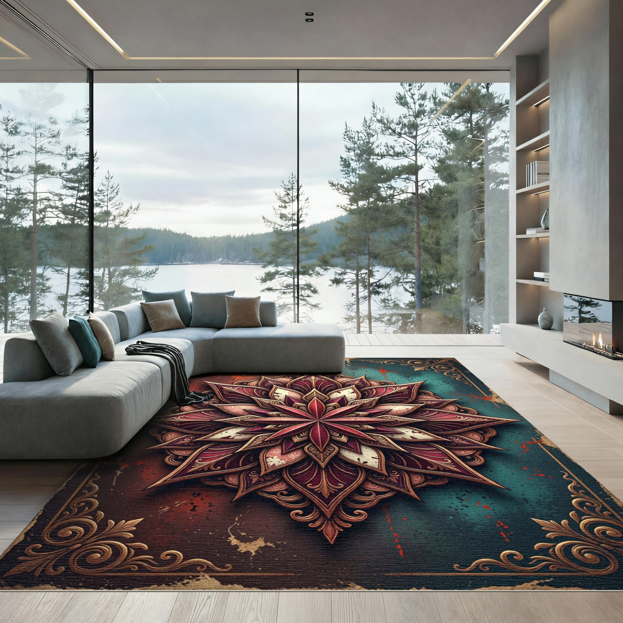Ornate Crimson Teal Mandala Medallion Rug