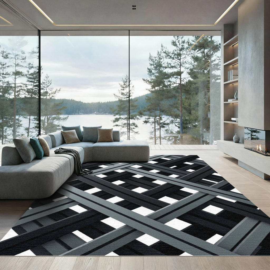 Modern Monochrome Intersecting Grid Rug