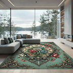 Vintage Teal Floral Cameo Bouquet Rug
