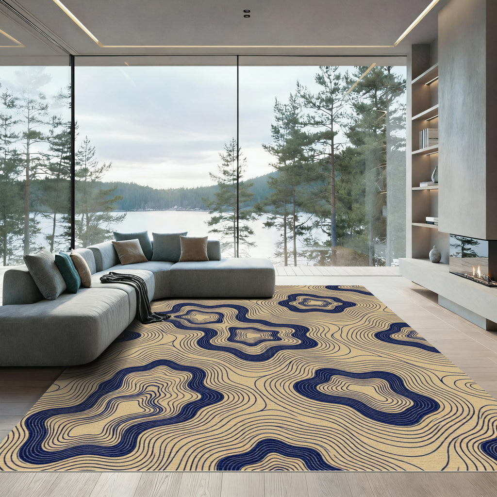 Navy Blue And Beige Topographic Lines Rug