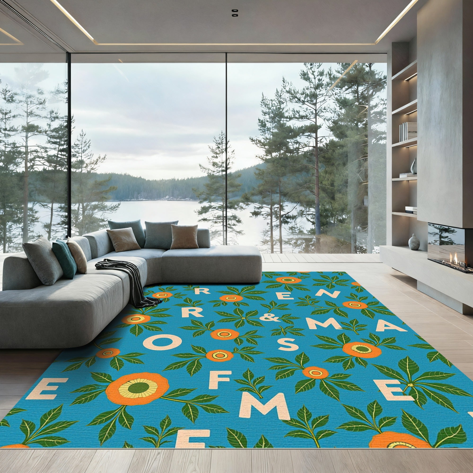 Teal Orange Floral Alphabet Collage Rug