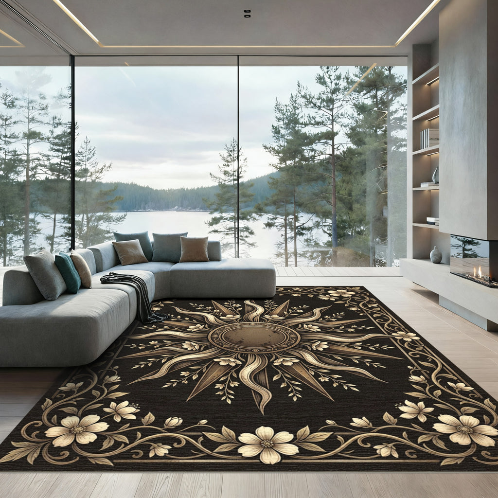 Ornate Gold Celestial Sun Floral Rug
