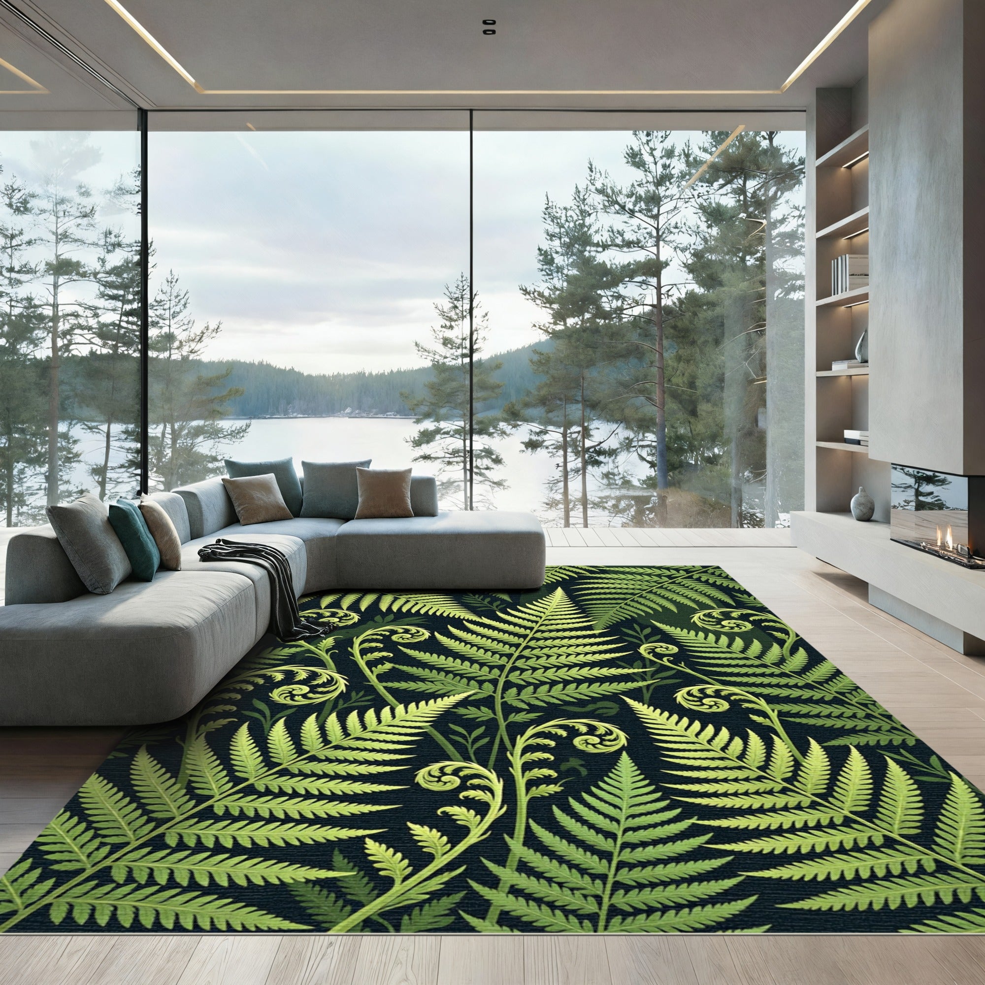 Lush Emerald Tropical Fern Leaf Rug