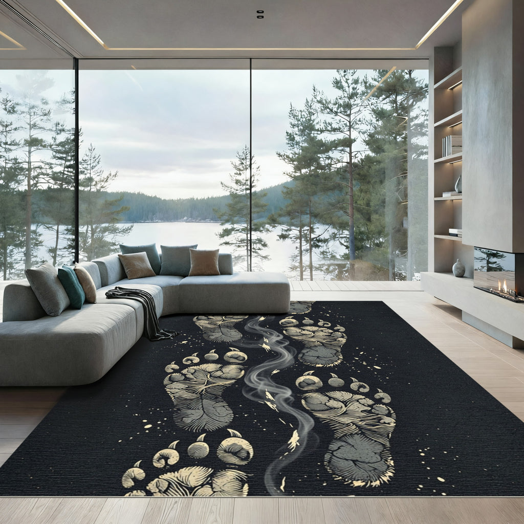 Grayscale Paw Prints Smoke Trails Rug