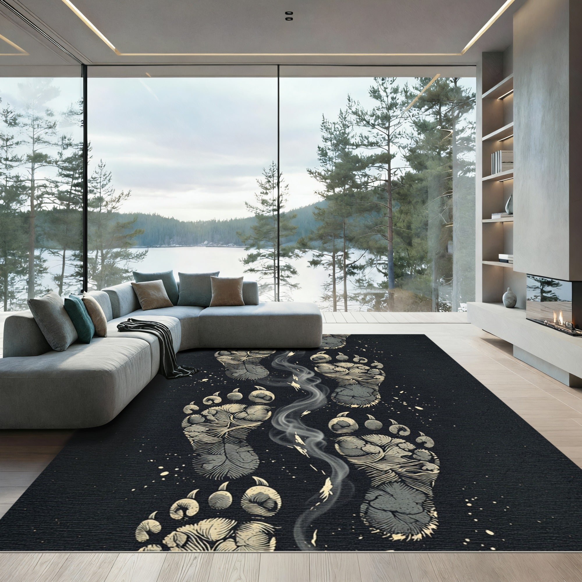 Grayscale Paw Prints Smoke Trails Rug
