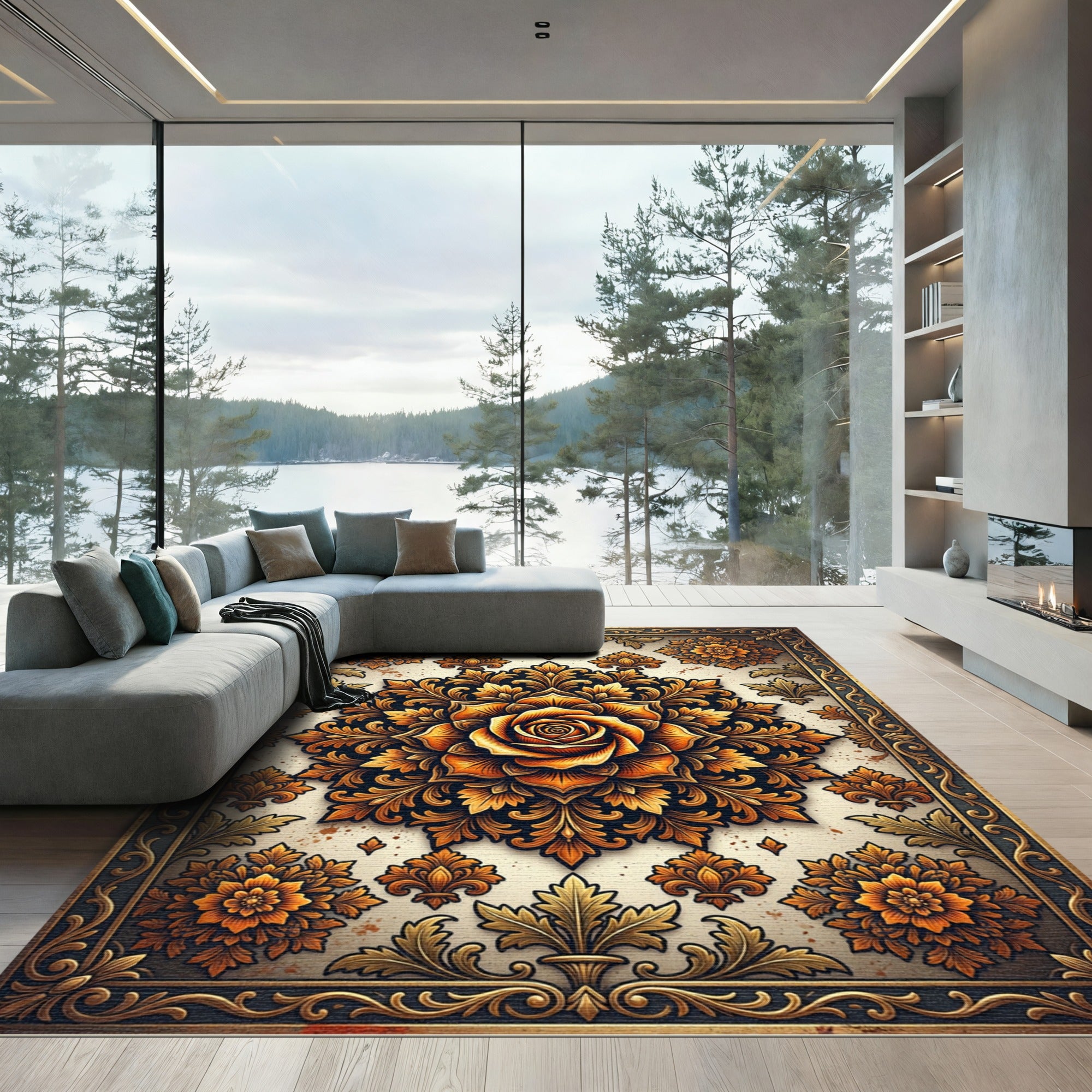 Ornate Amber Rose Floral Medallion Rug