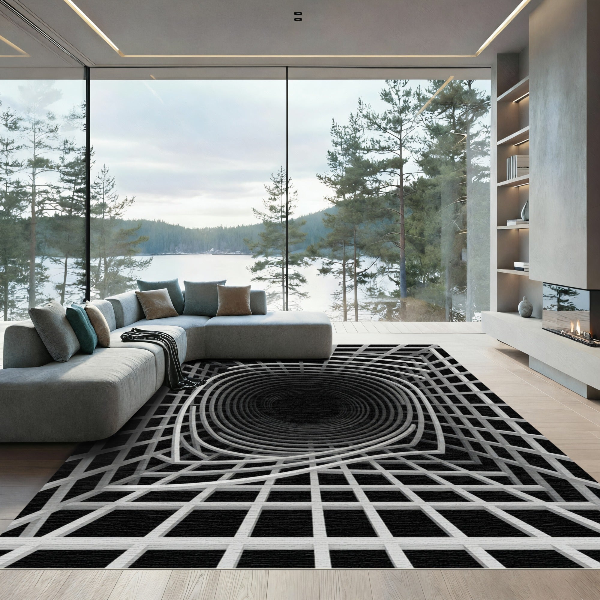 Monochrome Abstract Optical Vortex Grid Rug