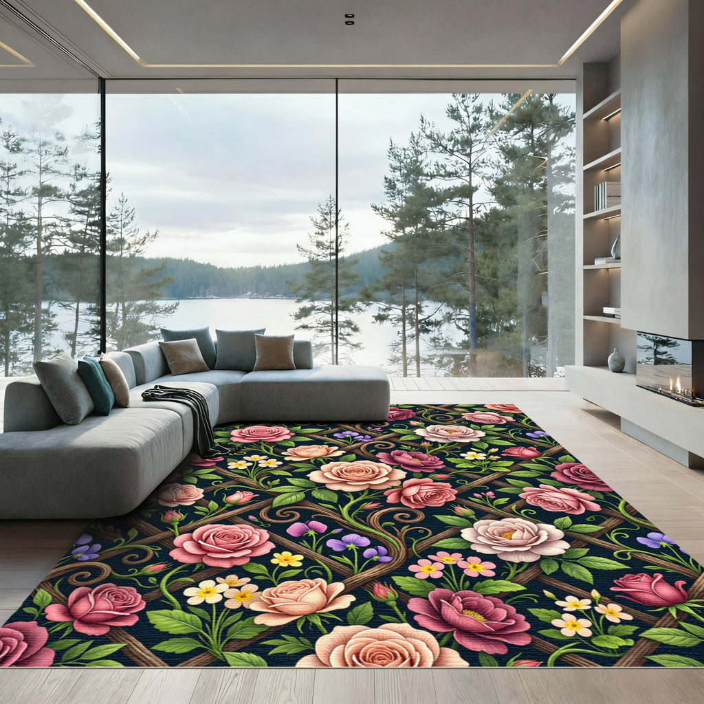 Romantic Rose Trellis Dark Floral Rug