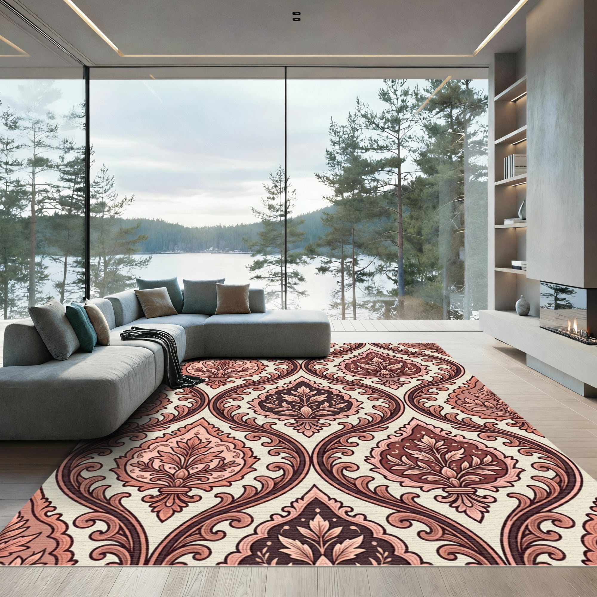 Ornate Pink and Brown Damask Swirls Rug