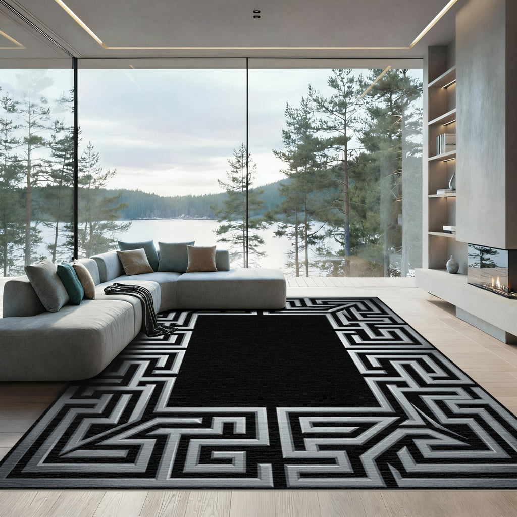 Metallic Silver Maze Border Rug