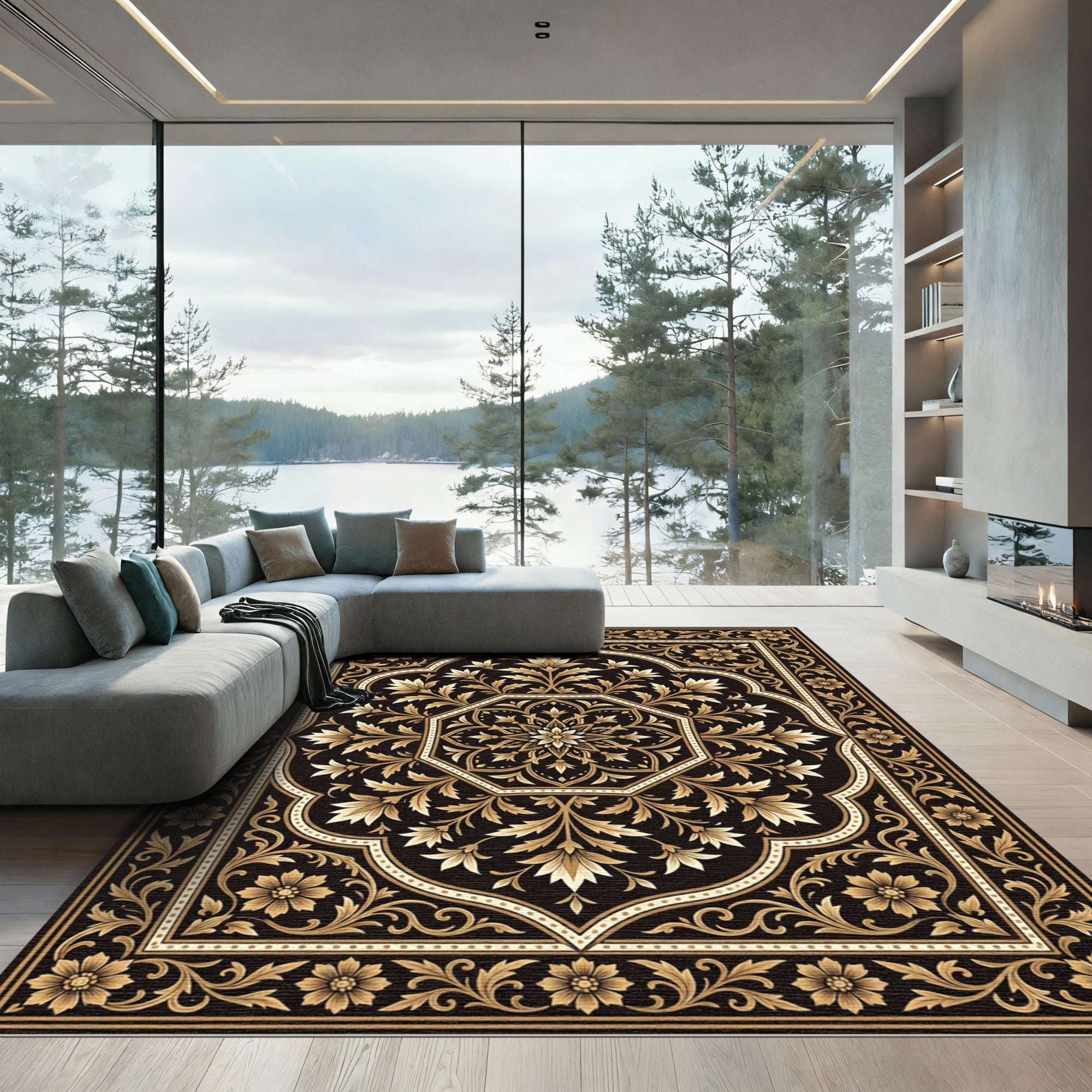 Elegant Black Gold Floral Medallion Rug