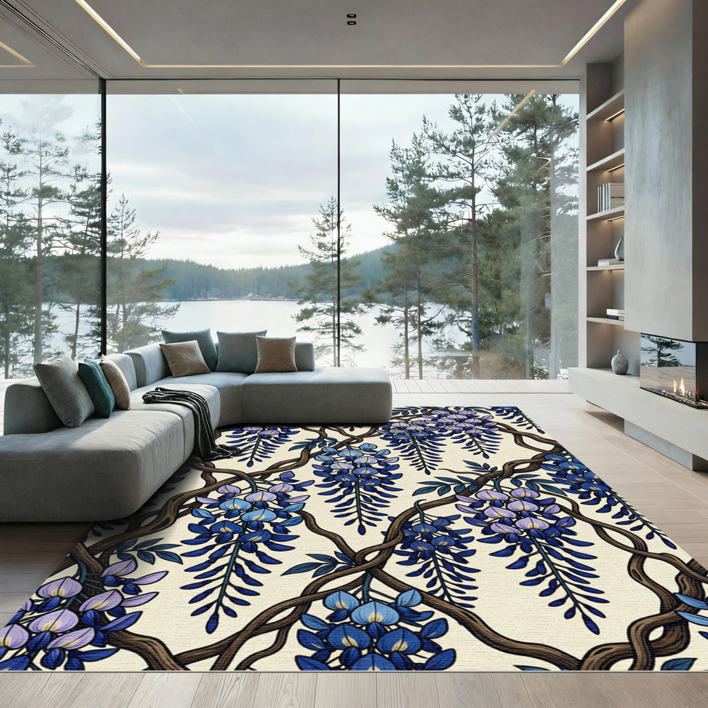 Elegant Indigo Wisteria Floral Vine Rug