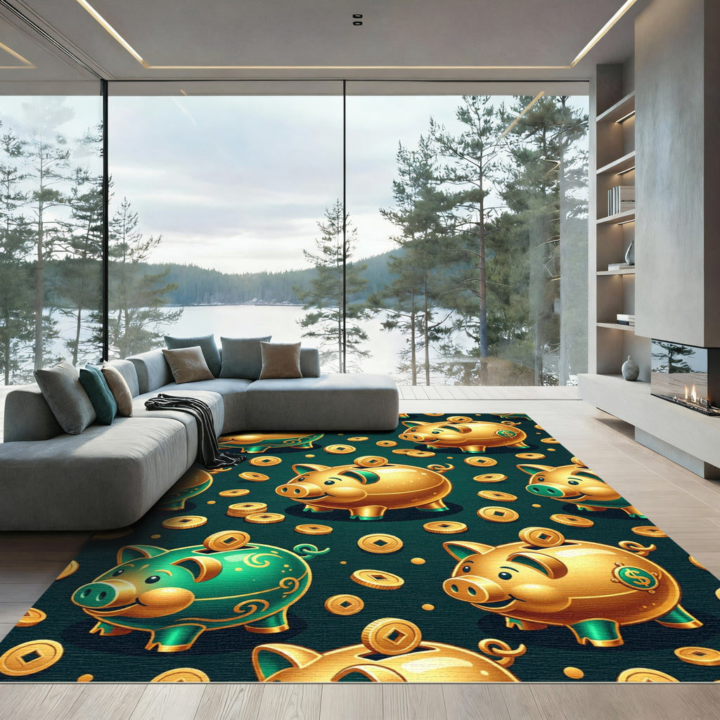 Golden Piggy Bank Coin Teal Rug