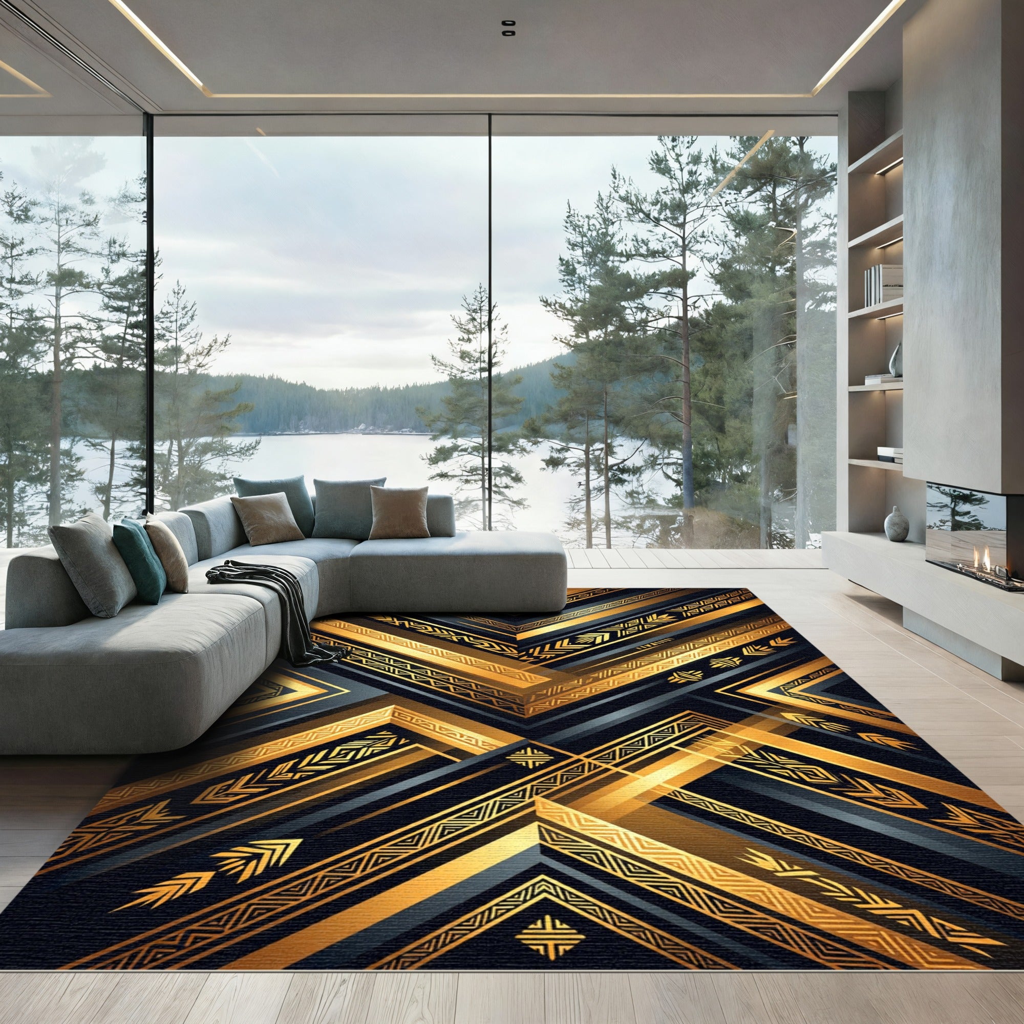 Bold Gold Geometric Tribal Stripes Rug