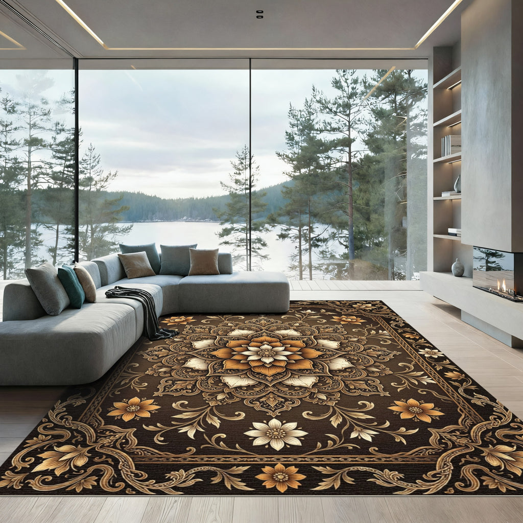 Elegant Bronze Floral Golden Medallion Rug