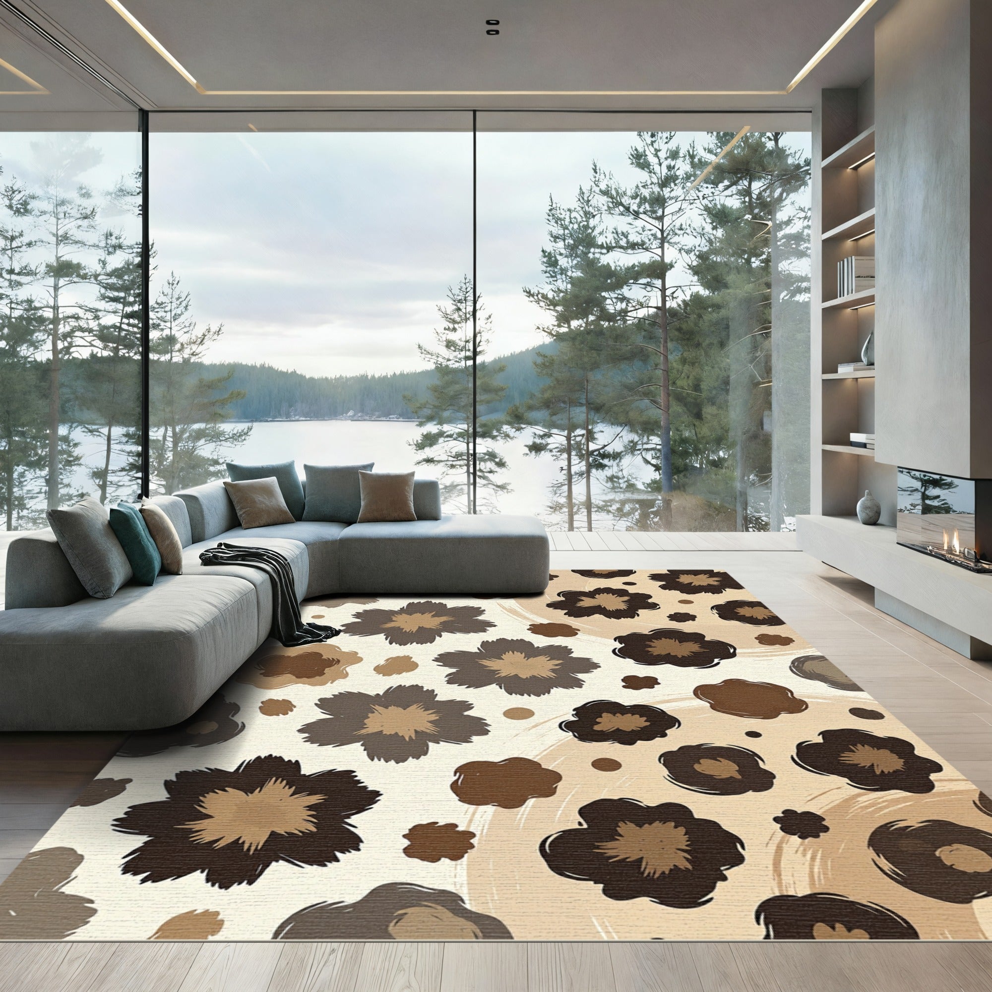 Earthy Brown Floral Burst Arrangement Rug