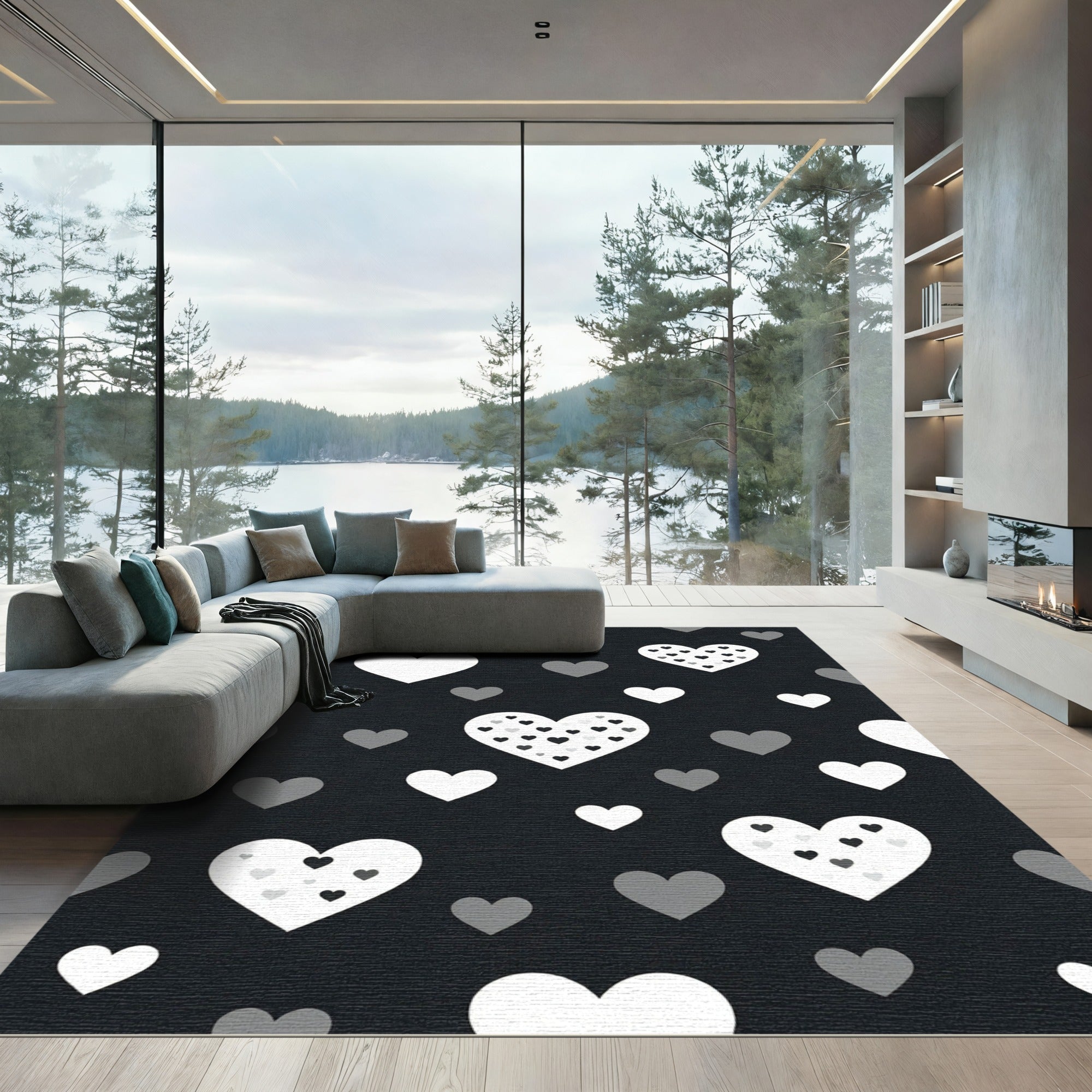 Modern Monochrome Heart Scattered Rug