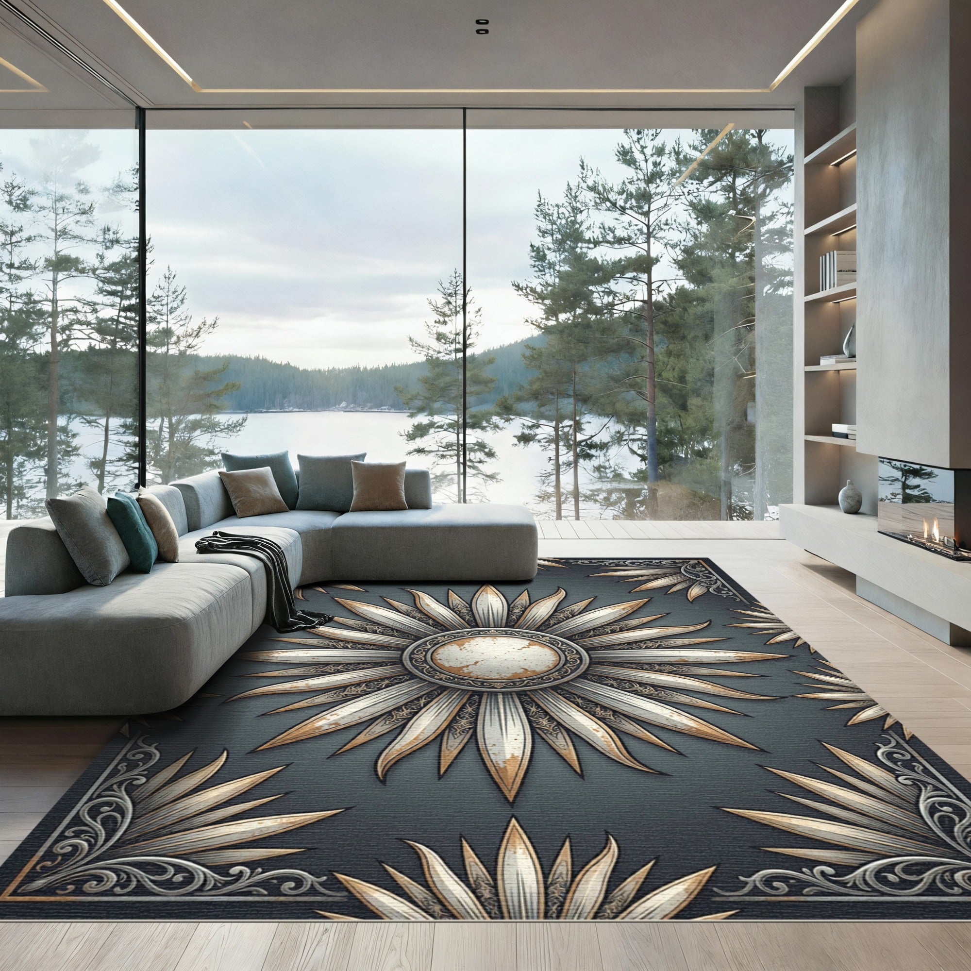 Gilded Starburst Medallion Slate Art Rug