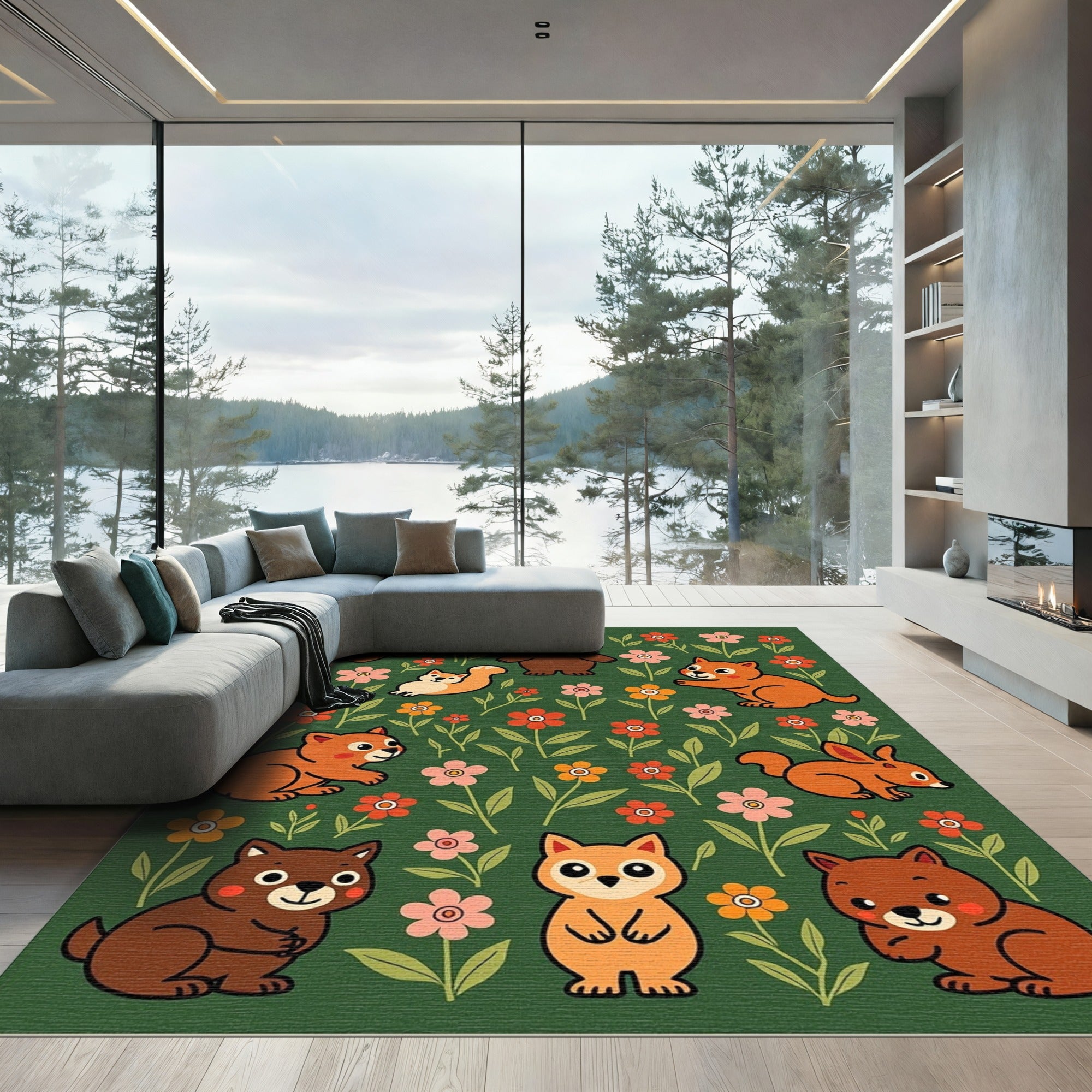 Woodland Creatures Flower Field Rug