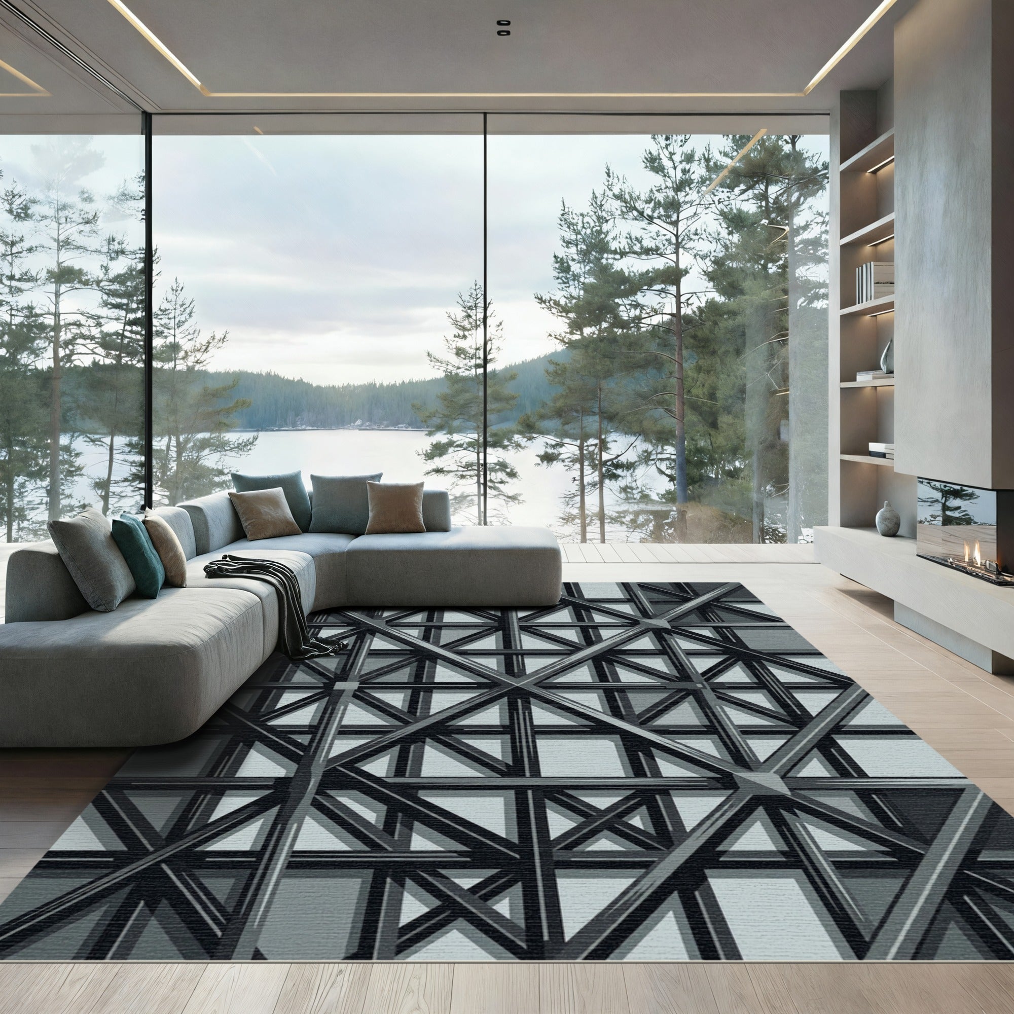 Industrial Gray Geometric Steel Structural Rug