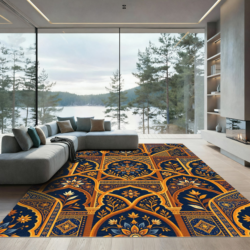 Rich Navy Golden Arch Floral Rug