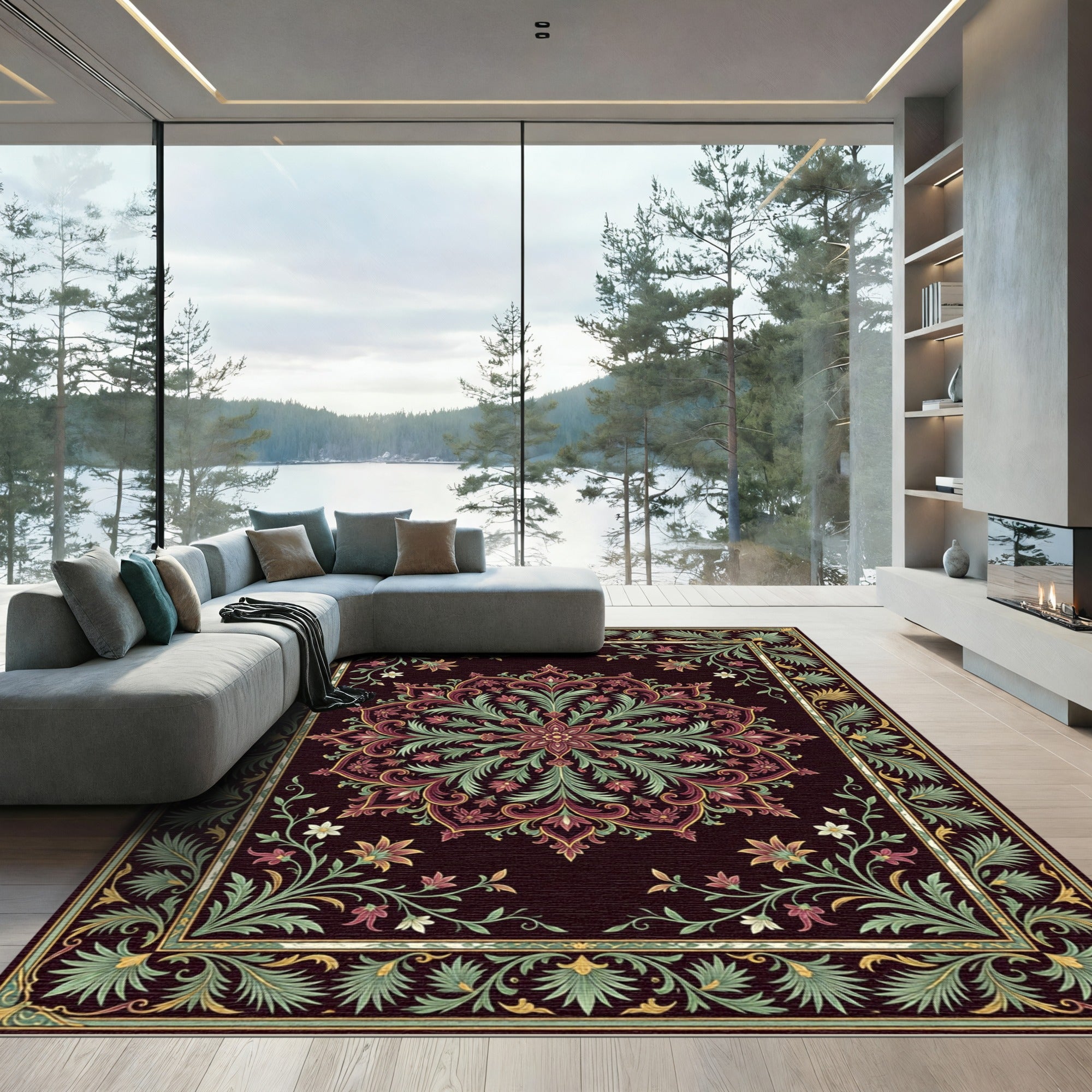 Elegant Oxblood Floral Medallion Foliage Rug