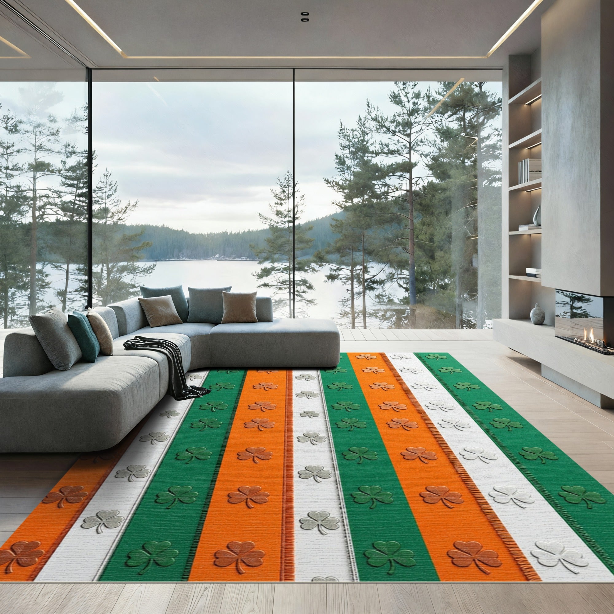 St. Patrick's Shamrock Emerald Orange Striped Rug
