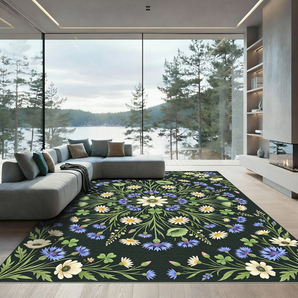 Dark Botanical Wildflower Meadow Medallion Rug