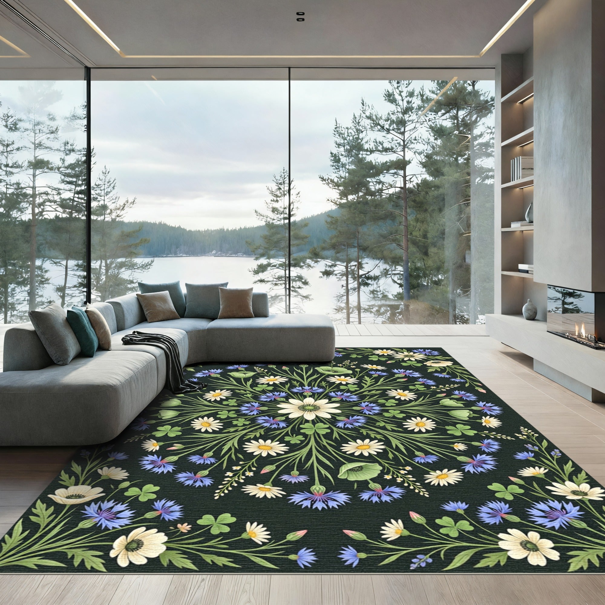 Dark Botanical Wildflower Meadow Medallion Rug