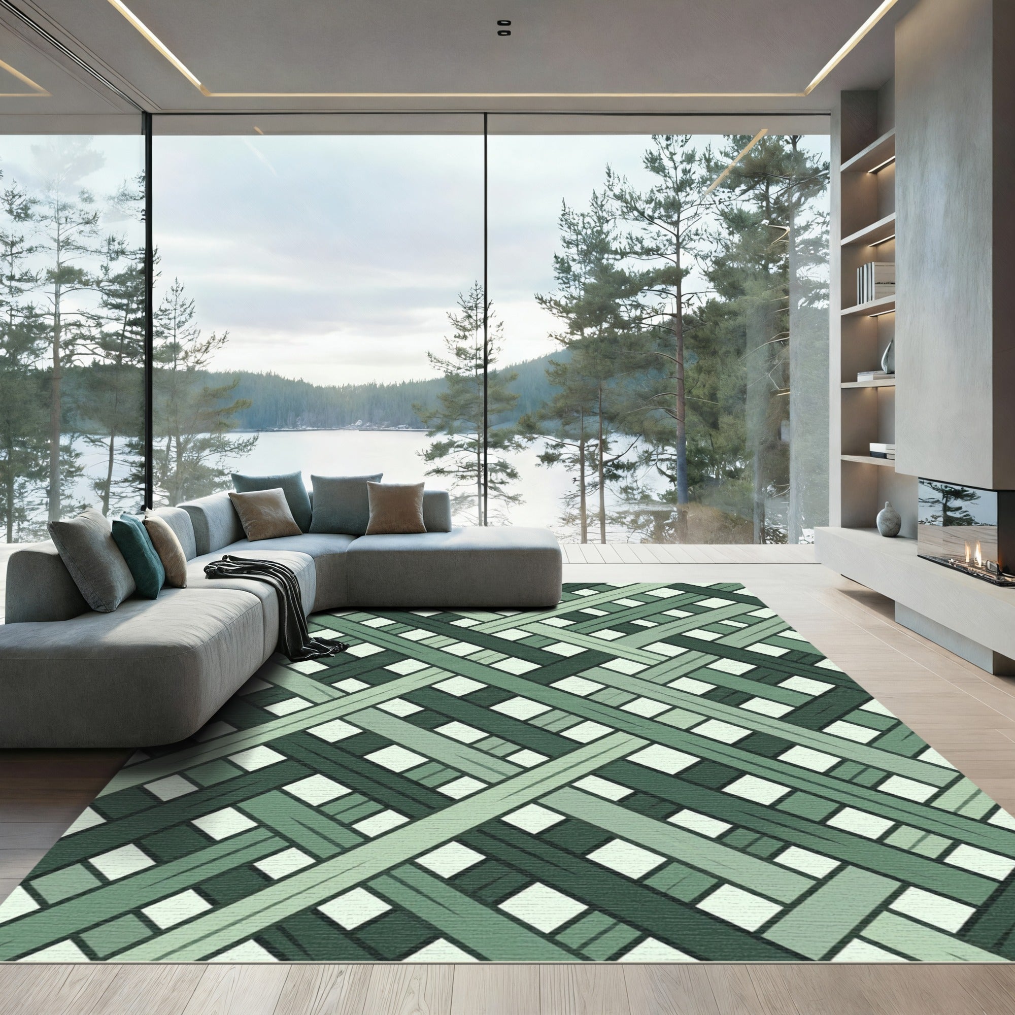 Green Interlocking Diagonal Stripe Rug