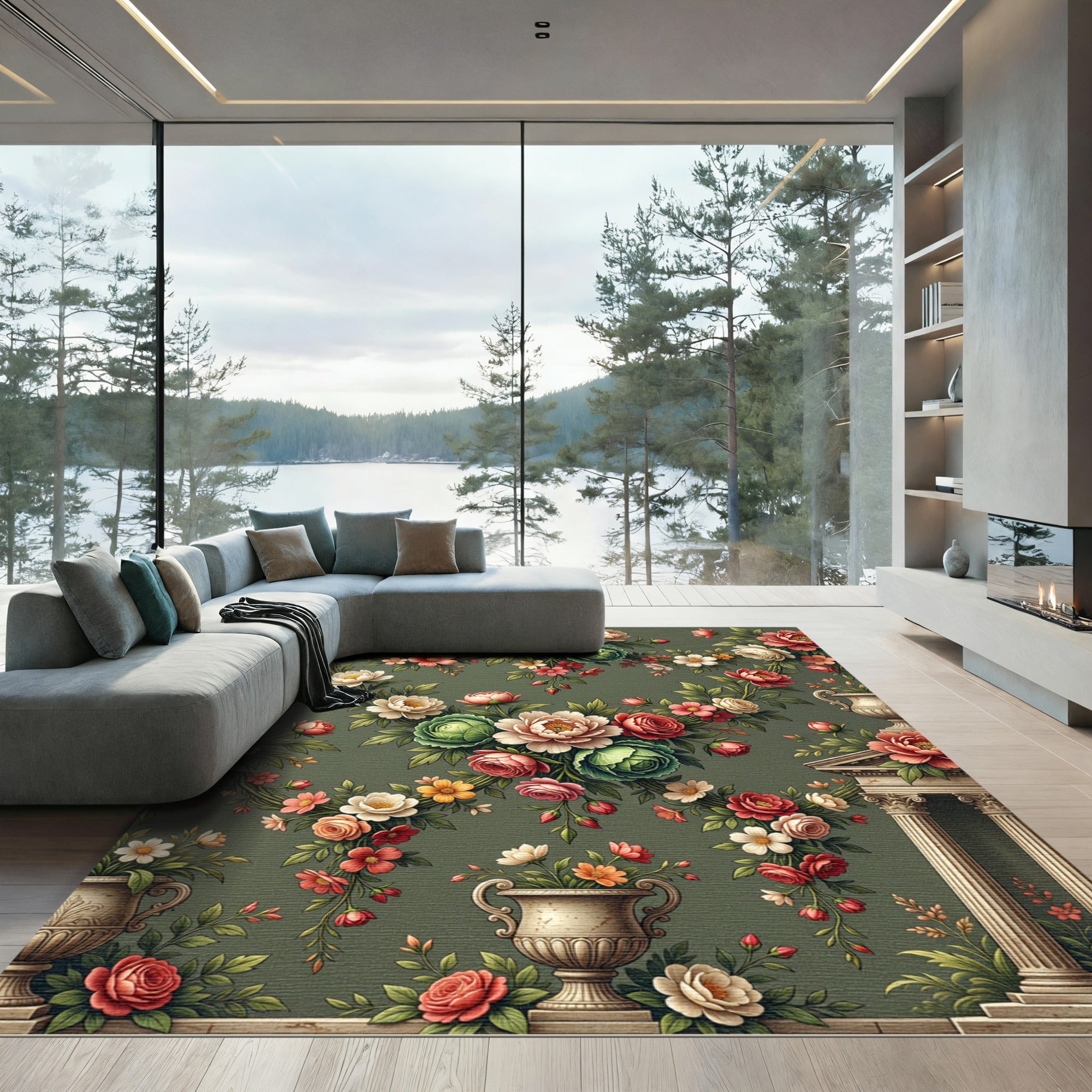 Vintage Floral Bouquet Olive Green Rug