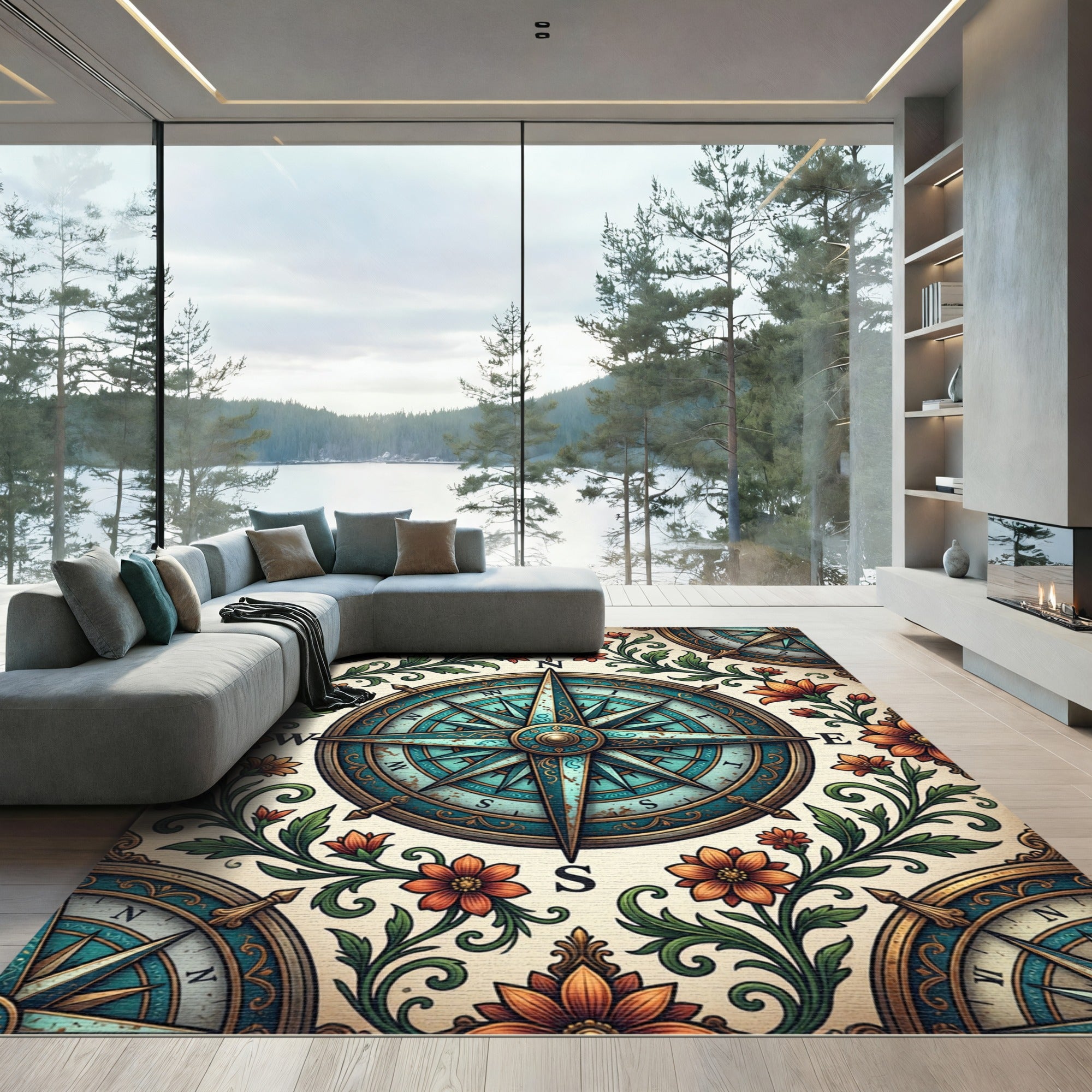 Vintage Teal Nautical Compass Floral Tile Rug
